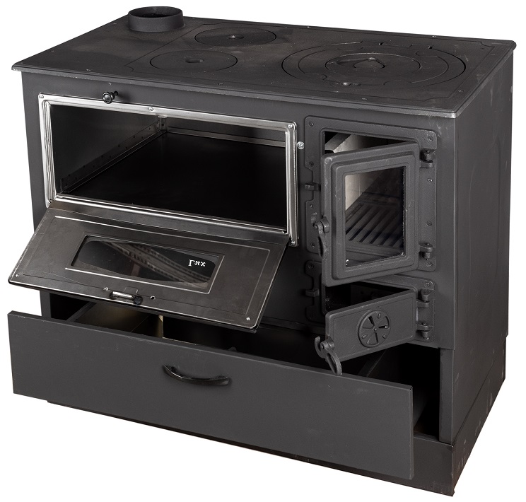 Soba pe lemne MICUL FERMIER Grand Fantazia Lux MF-EI1008-G01, capacitate incalzire 9 kW, racord 120 mm, 890 x 510 x 750 mm, cos stanga, din otel