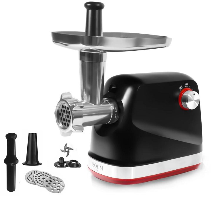 Masina de tocat carne electrica BOHM MG2028R 14687, 800-1800 W, productivitate 1.8 kg/min, 3 x site 3/5/7 mm, cutit, accesoriu carnati/kebbe
