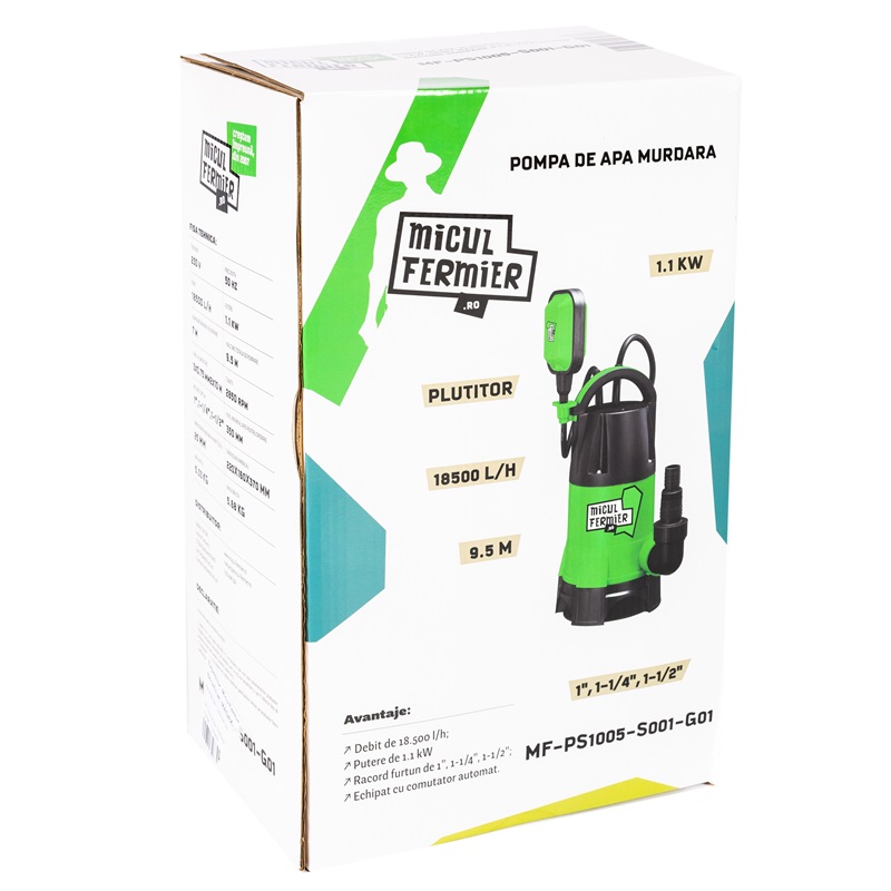 Pompa pentru apa murdara cu plutitor MICUL FERMIER MF-PS1005-S001-G01, 1.1 kW, 18500 l/h, 9.5 m