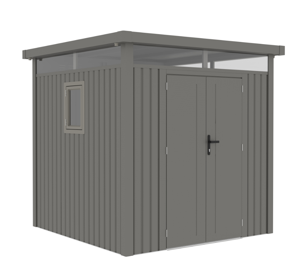 Casuta / magazie de gradina premium metalica, KLUGMEISTER Anna-B Gri Aluminiu, dimensiuni 230x230x222 cm, cu fereastra si baza metalica