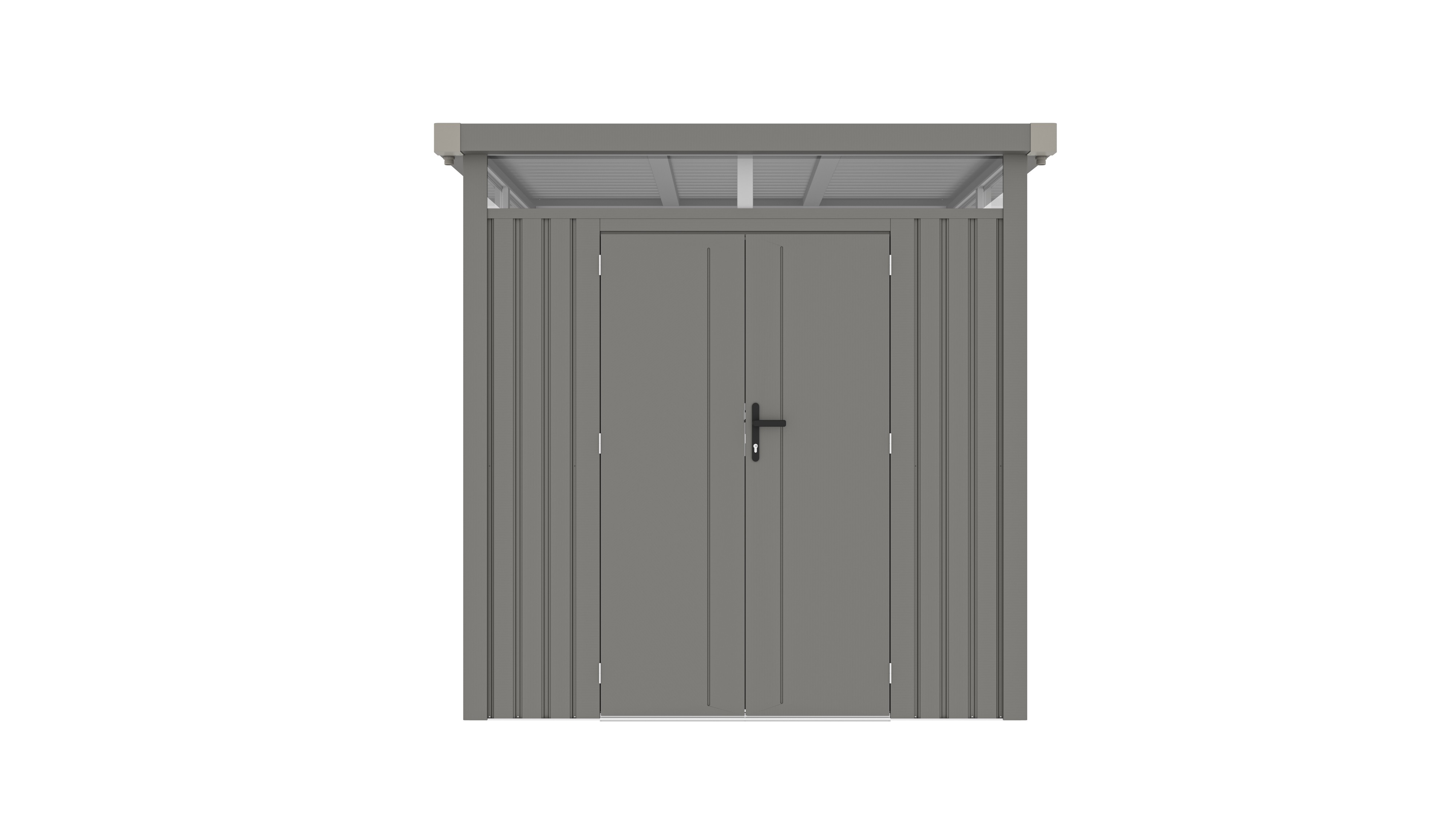 Casuta / magazie de gradina premium metalica, KLUGMEISTER Anna-B Gri Aluminiu, dimensiuni 230x230x222 cm, cu fereastra si baza metalica