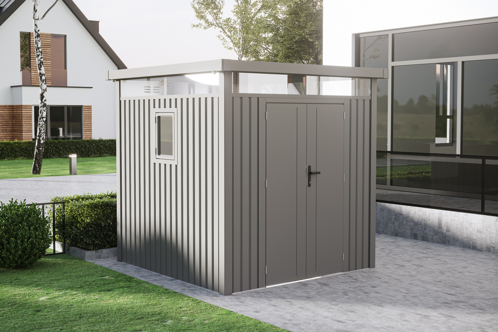 Casuta / magazie de gradina premium metalica, KLUGMEISTER Anna-B Gri Aluminiu, dimensiuni 230x230x222 cm, cu fereastra si baza metalica