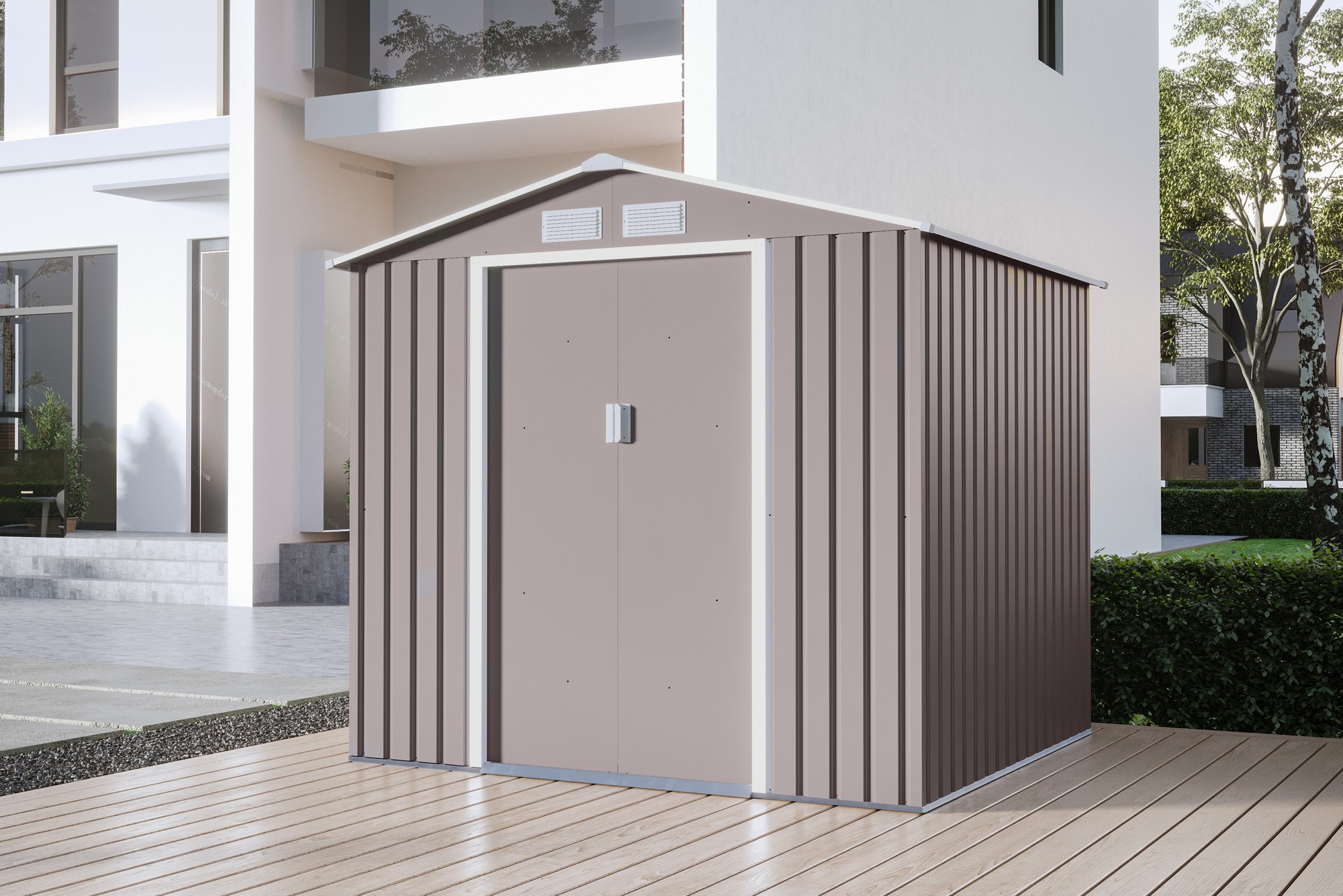 Casuta / magazie de gradina premium metalica, MESTERINO Archer-B Gri cald, dimensiuni 213x195x195 cm cu baza metalica