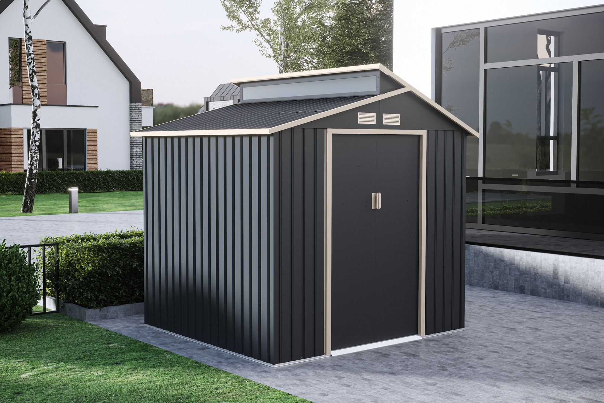 Casuta / magazie de gradina premium metalica, MESTERINO Oscar B Gri/Bej, dimensiuni 220x193x214 cm, cu baza metalica