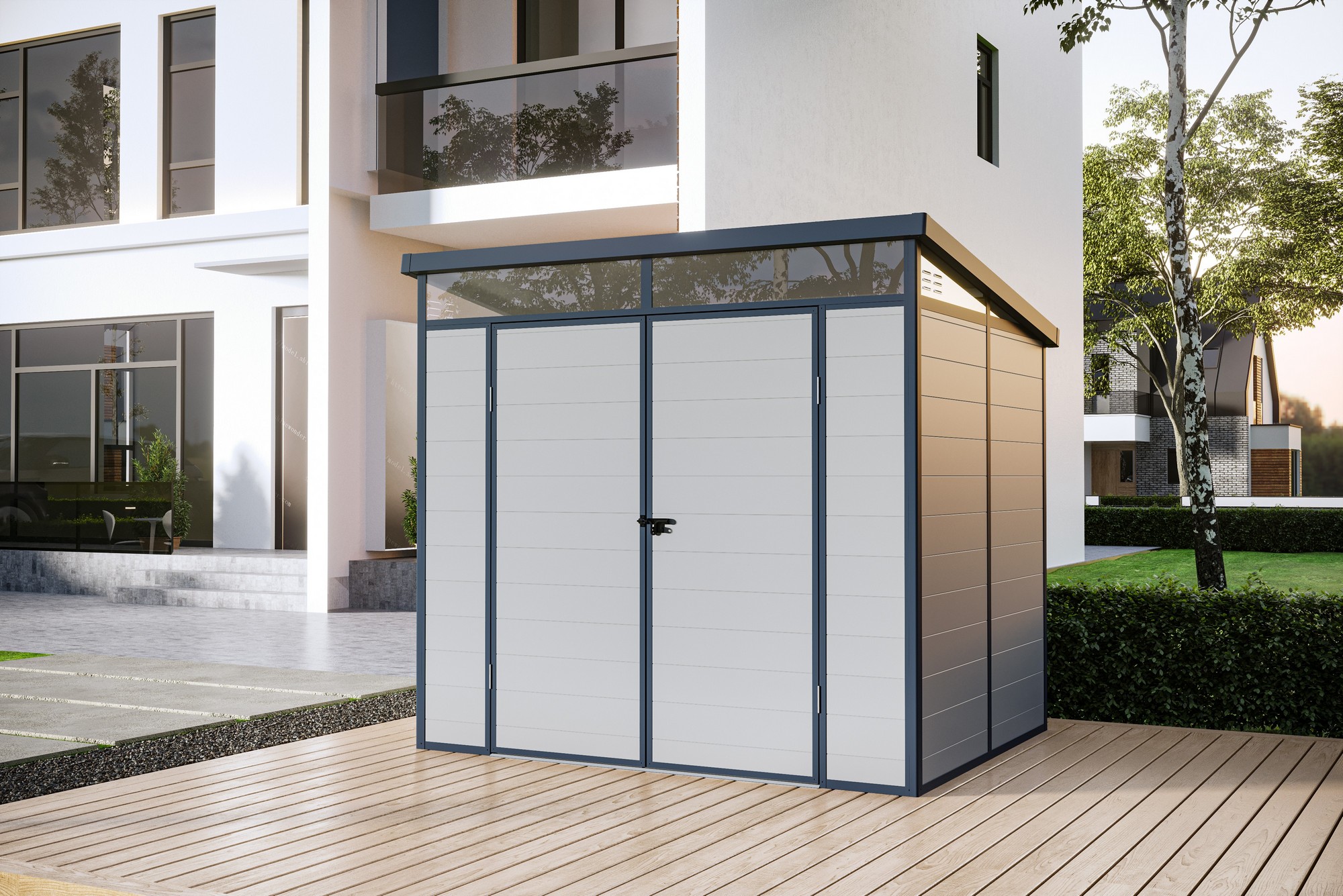 Casuta / magazie de gradina premium din material plastic, KLUGMEISTER Toya B Gri, dimensiuni 238x191x215 cm, cu baza metalica