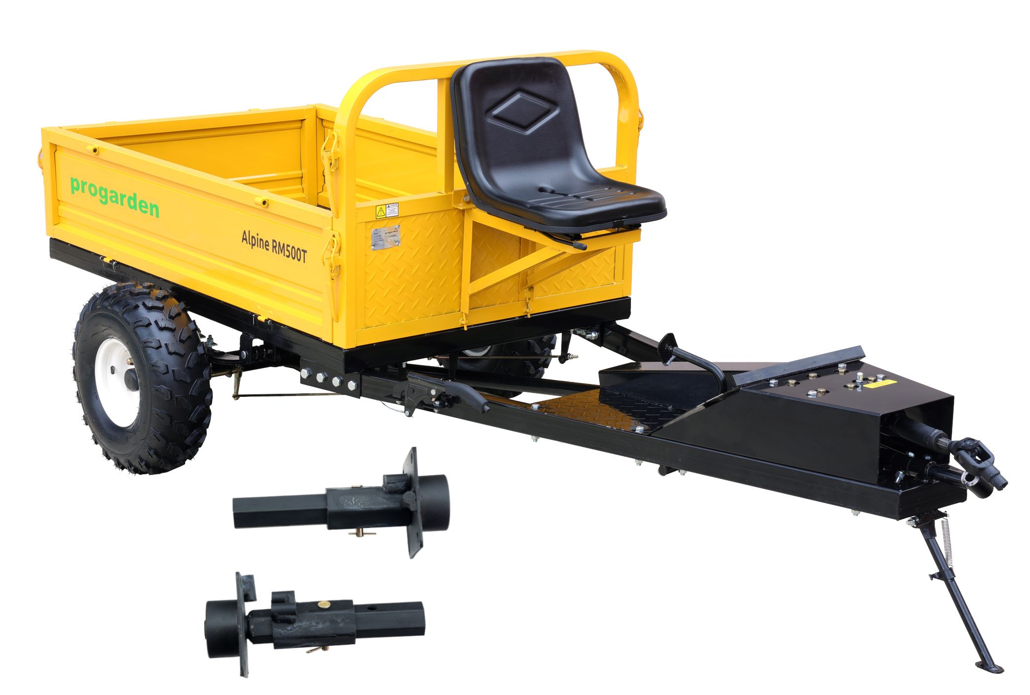Pachet Remorca ProGARDEN Alpine RM500T cu tractiune 500 kg, 1 osie, prindere bolt pentru motocultor, roti 19x7-8 si set manicoti Adaptiv 3 in 1 S