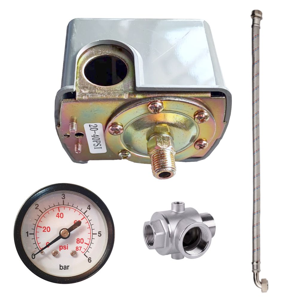 Set accesorii hidrofor Progarden, presostat mecanic 1/4, manometru 0-12 bar, racord 5 cai, racord flexibil