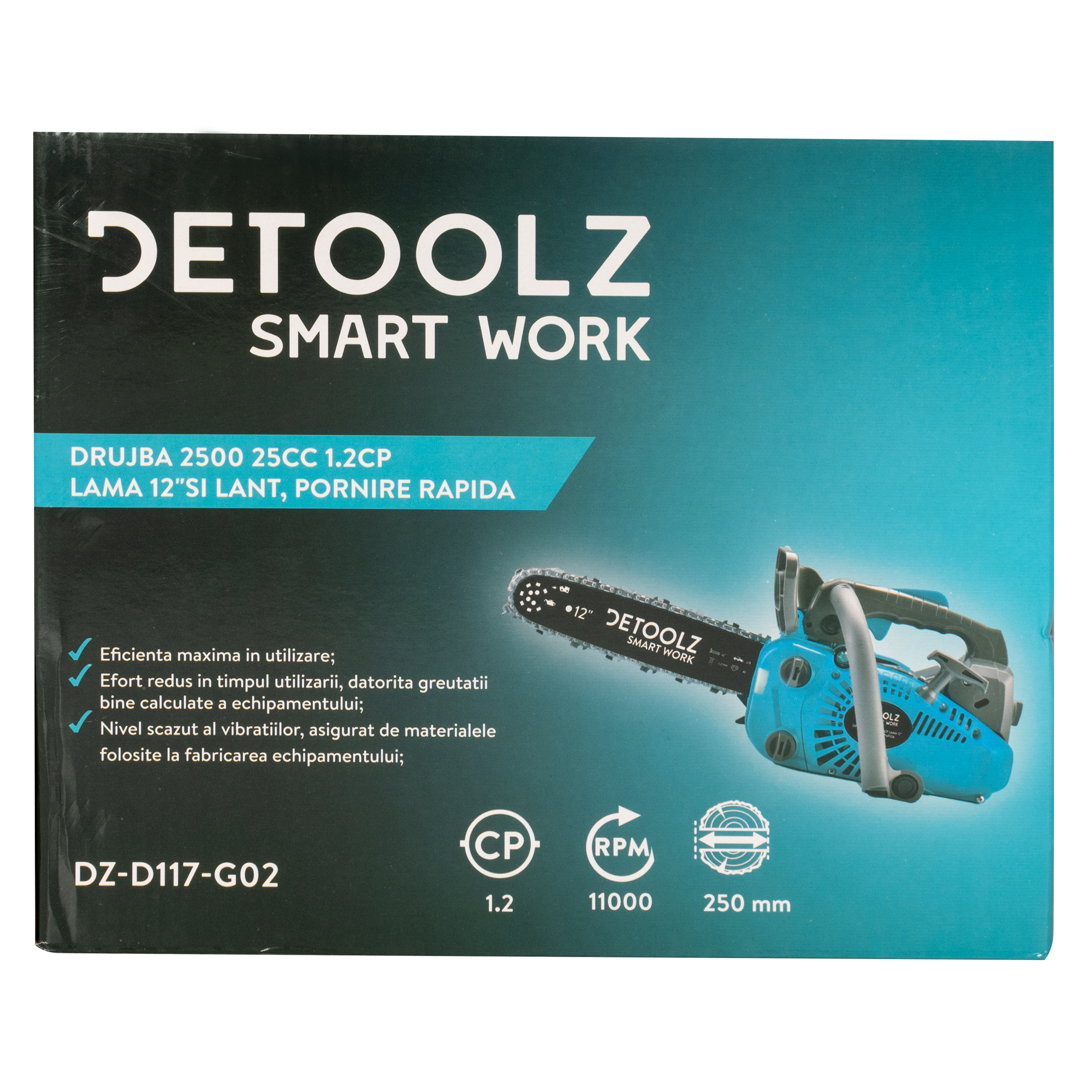 Drujba Detoolz 2500, 1.2 CP, cu lama 12 si lant, pornire rapida