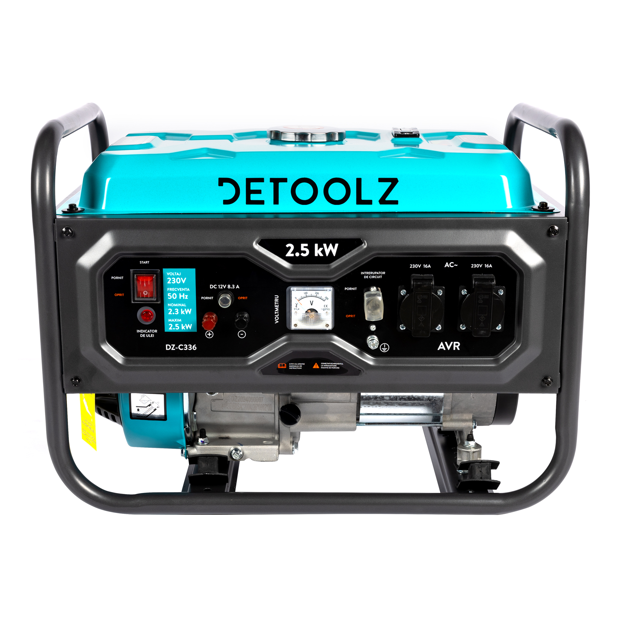Generator Detoolz 2.5 kW 2 prize 230V benzina, 4T, pornire manuala 15L fara roti G01