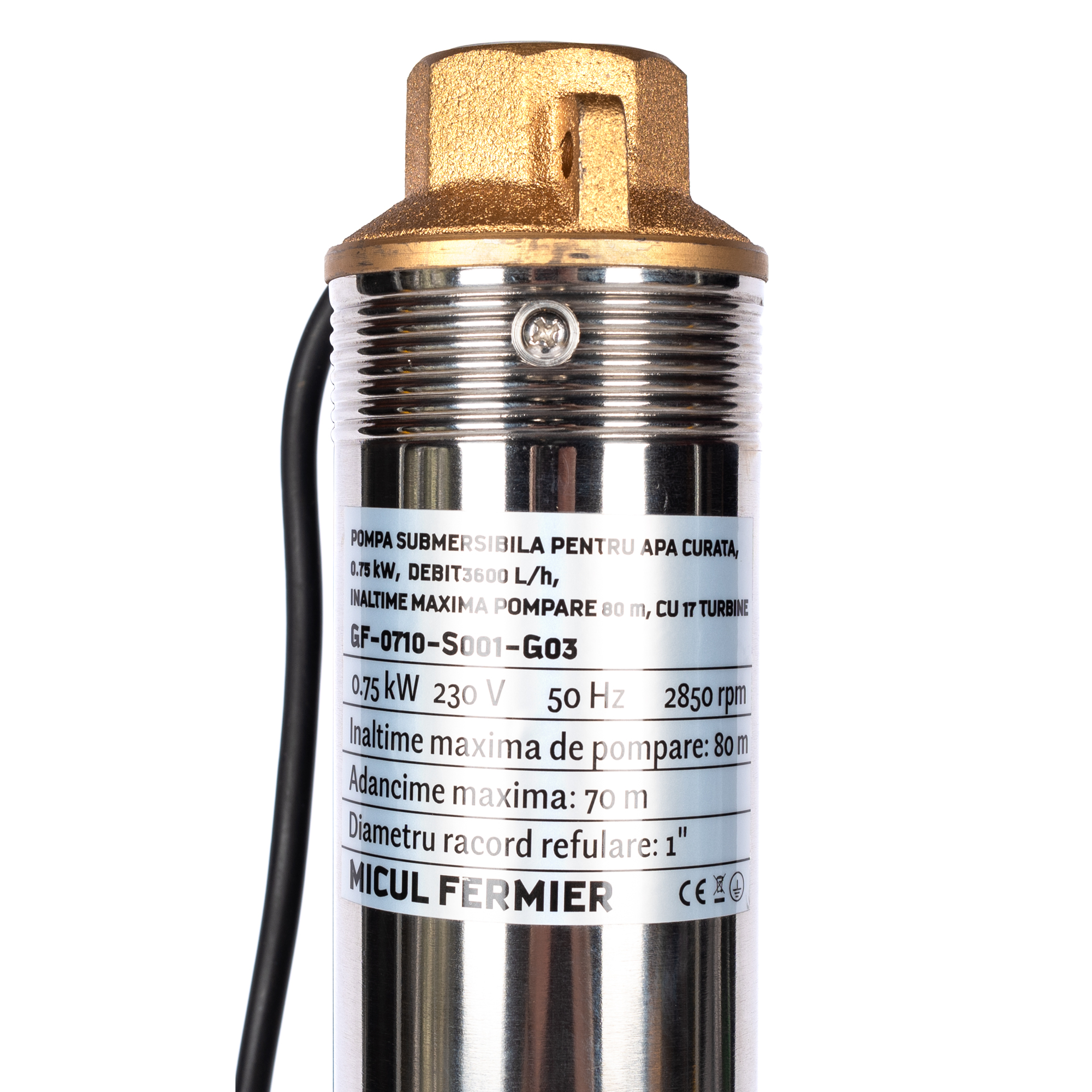 Pompa submersibila pentru apa curata Micul Fermier, 0.75 KW, debit 3600 l/h, inaltime maxima pompare 80 m, 17 turbine