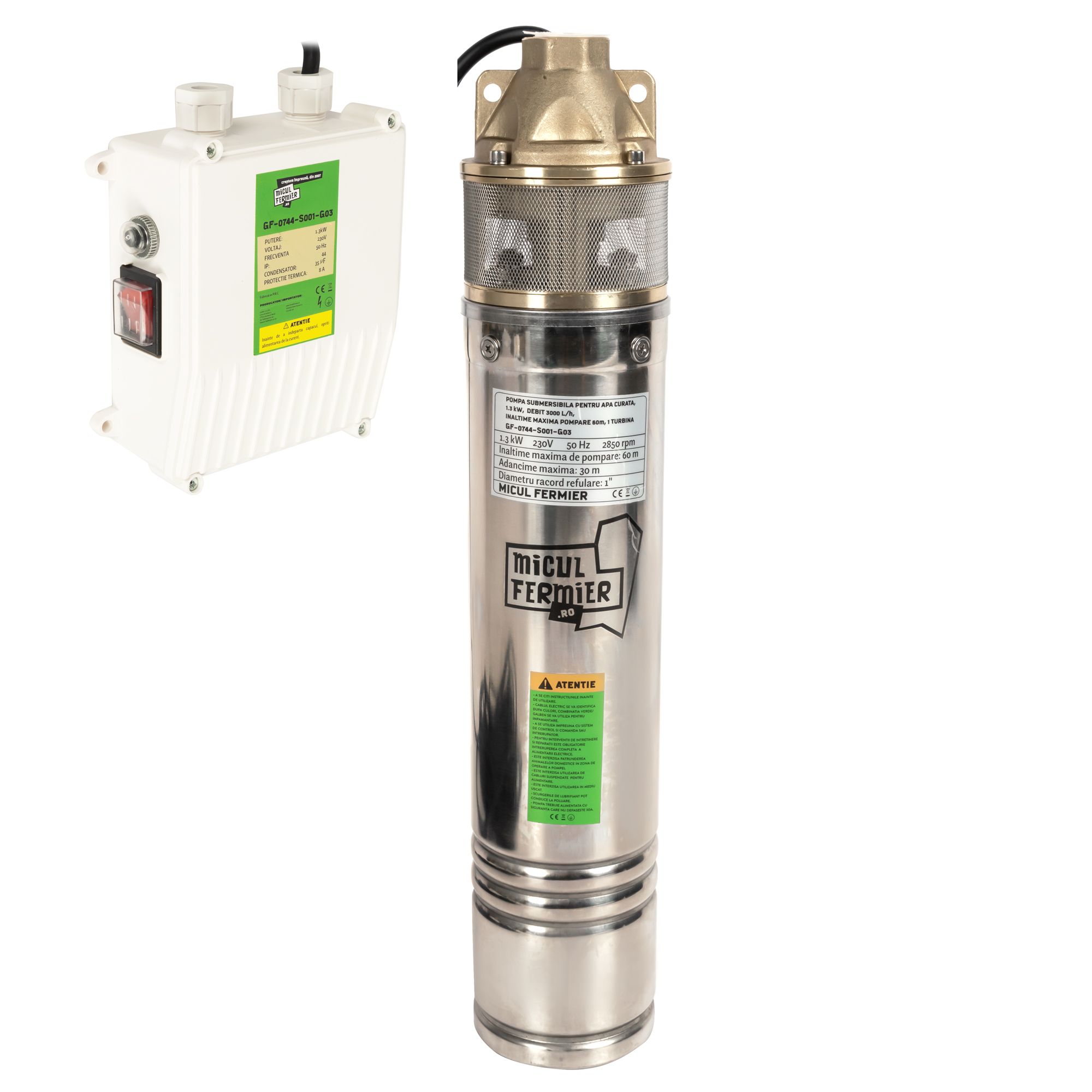Pompa submersibila Micul Fermier, pentru apa curata, 1.3 kW, debit 3000 l/h, inaltime maxima pompare 60 m, cu o turbina