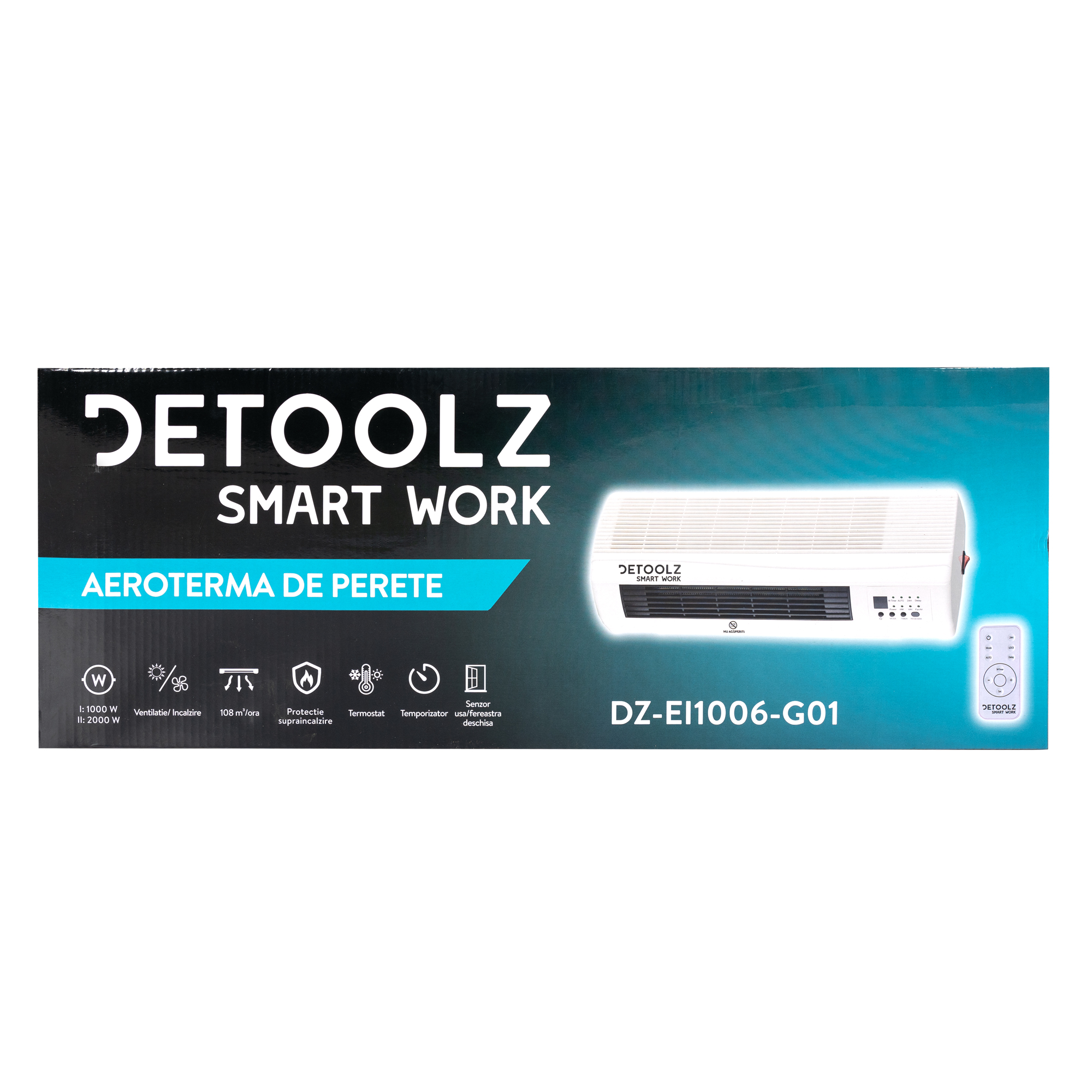 Aeroterma de perete Detoolz, 2 KW, 2 trepte de putere, cu afisaj LED si termostat