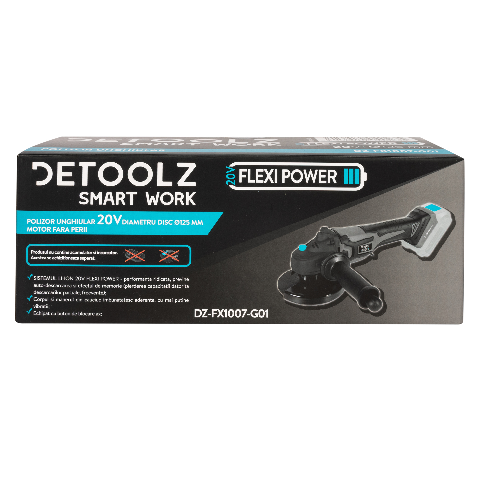 Polizor unghiular Detoolz 20V, diametru disc 125 mm, motor fara perii, fara acumulator, fara incarcator