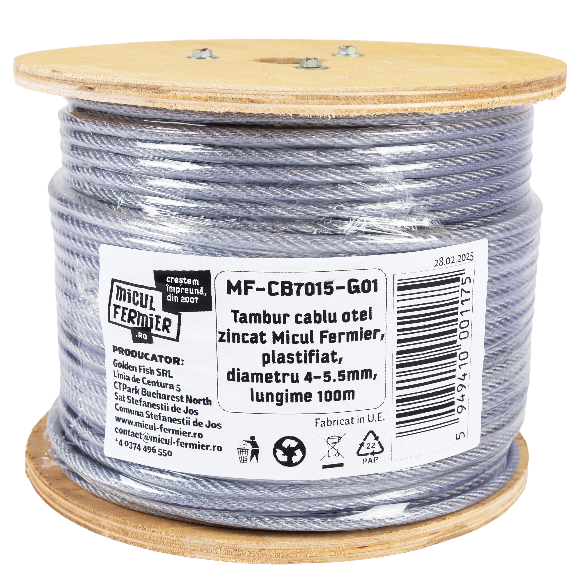 Tambur cablu otel zincat Micul Fermier, plastifiat, diametru 4-5.5 mm, lungime 100 m