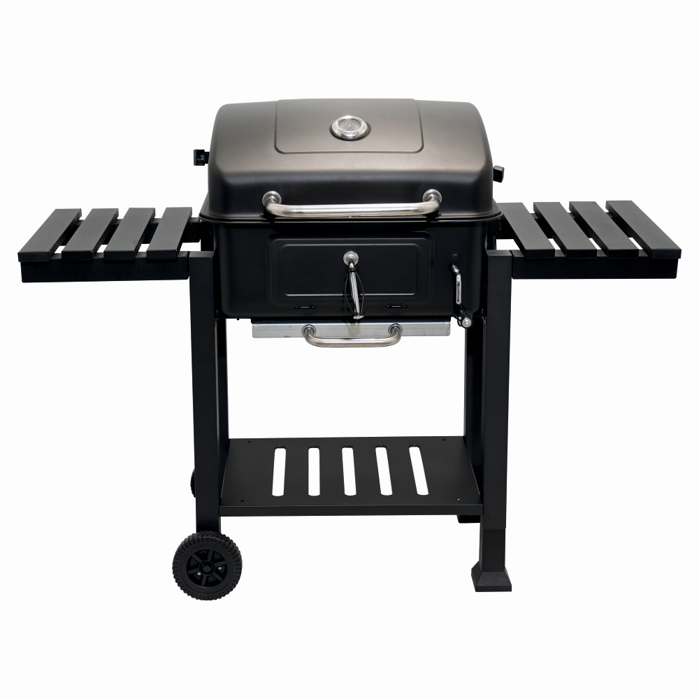 Gratar pe carbuni KLUGMEISTER FT01-017, material otel (husa inclusa), cu tava pentru cenusa, capac si roti de deplasare, suprafata gatire 54x43 cm