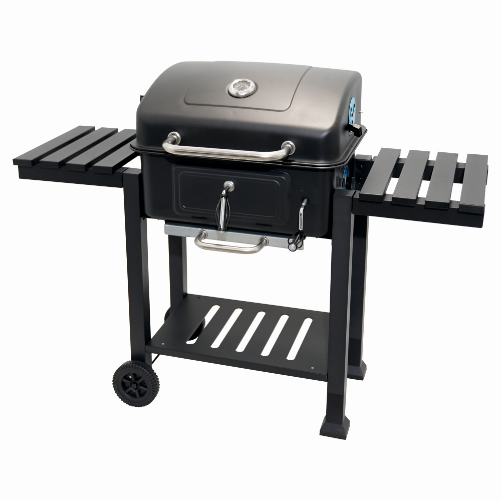 Gratar pe carbuni KLUGMEISTER FT01-017, material otel (husa inclusa), cu tava pentru cenusa, capac si roti de deplasare, suprafata gatire 54x43 cm
