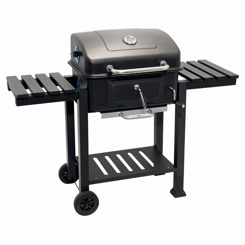 Gratar pe carbuni KLUGMEISTER FT01-017, material otel (husa inclusa), cu tava pentru cenusa, capac si roti de deplasare, suprafata gatire 54x43 cm