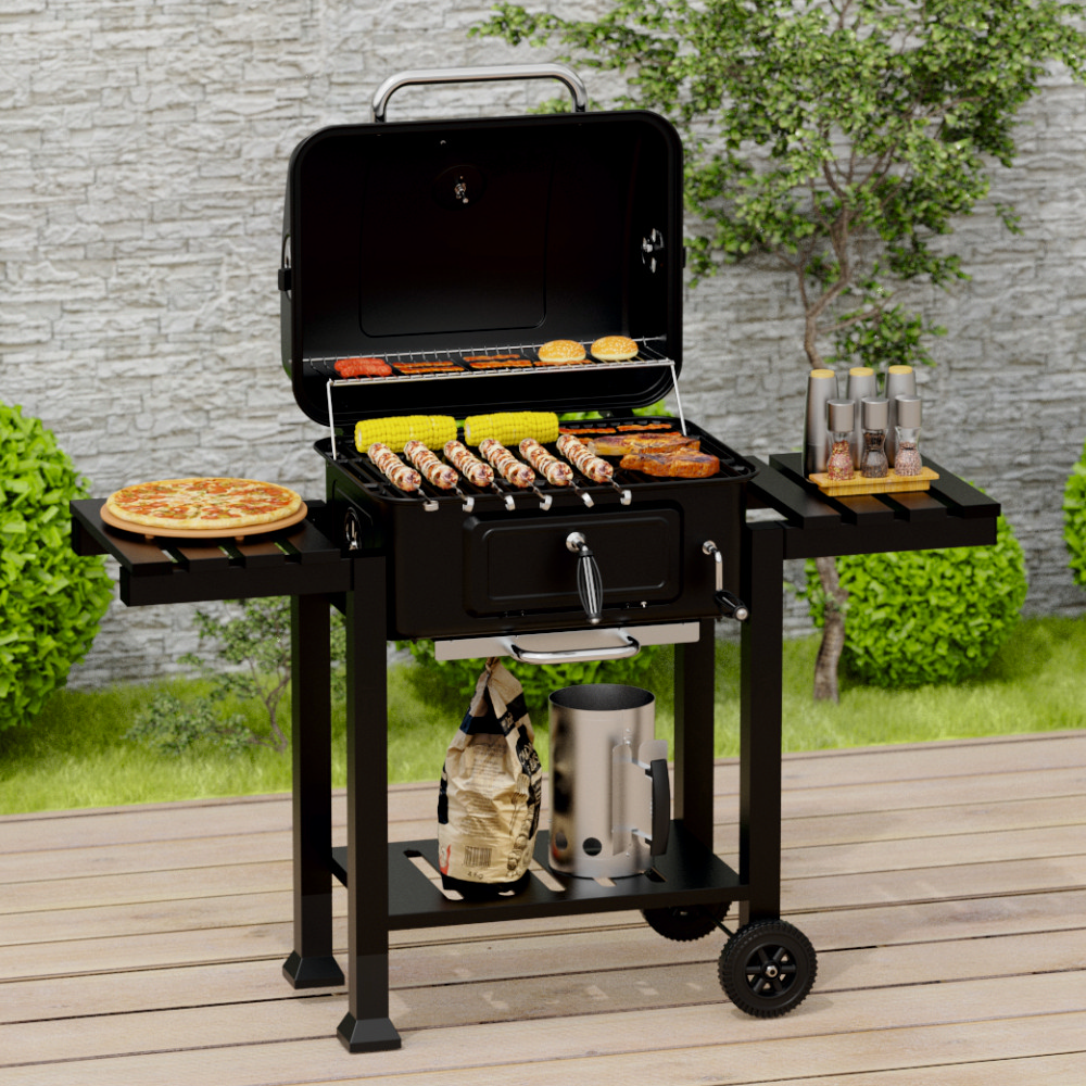 Gratar pe carbuni KLUGMEISTER FT01-017, material otel (husa inclusa), cu tava pentru cenusa, capac si roti de deplasare, suprafata gatire 54x43 cm