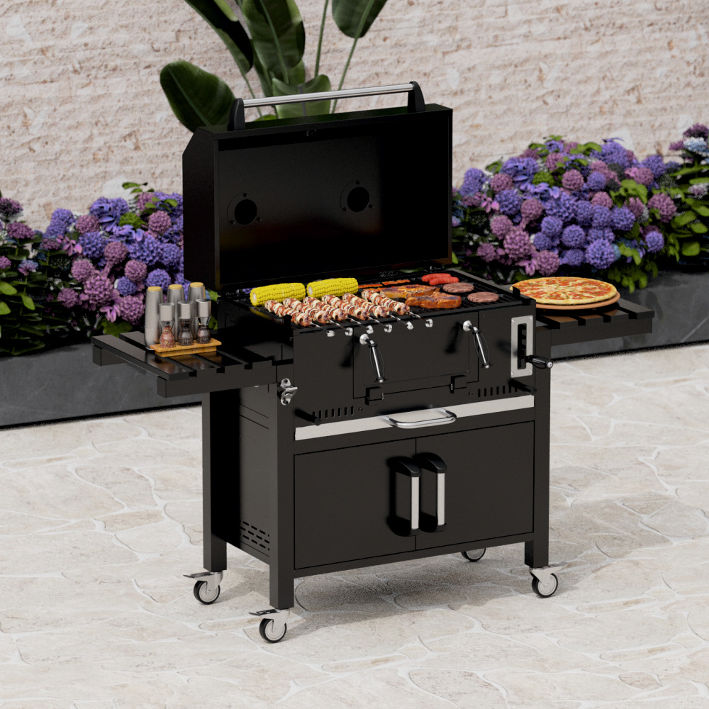 Gratar pe carbuni KLUGMEISTER FT01-070, material otel (husa inclusa), cu capac si roti de deplasare, suprafata gatire 72x43 cm
