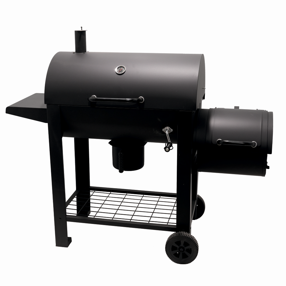 Gratar pe carbuni cu afumatoare KLUGMEISTER KY23020G, material otel, cu capac si roti de deplasare, suprafata gatire 66x42 cm
