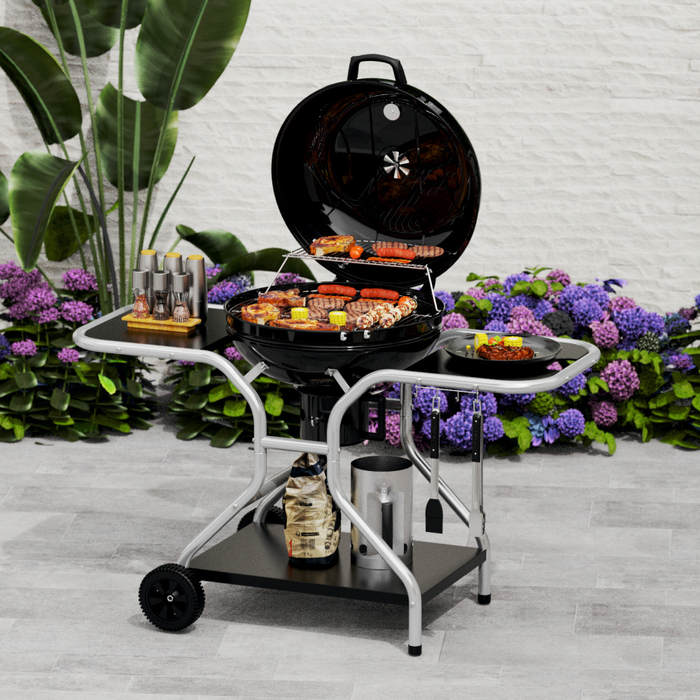 Gratar pe carbuni KLUGMEISTER KY22020T, material otel, cu capac si roti de deplasare, inaltime gatire 78 cm, dimensiuni 133x67x98 cm