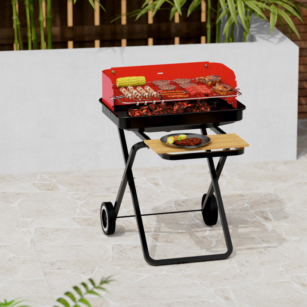 Gratar pe carbuni KLUGMEISTER KY28020F, material otel, cu roti deplasare, gratar detasabil, raft frontal, suprafata gatire 53x35 cm