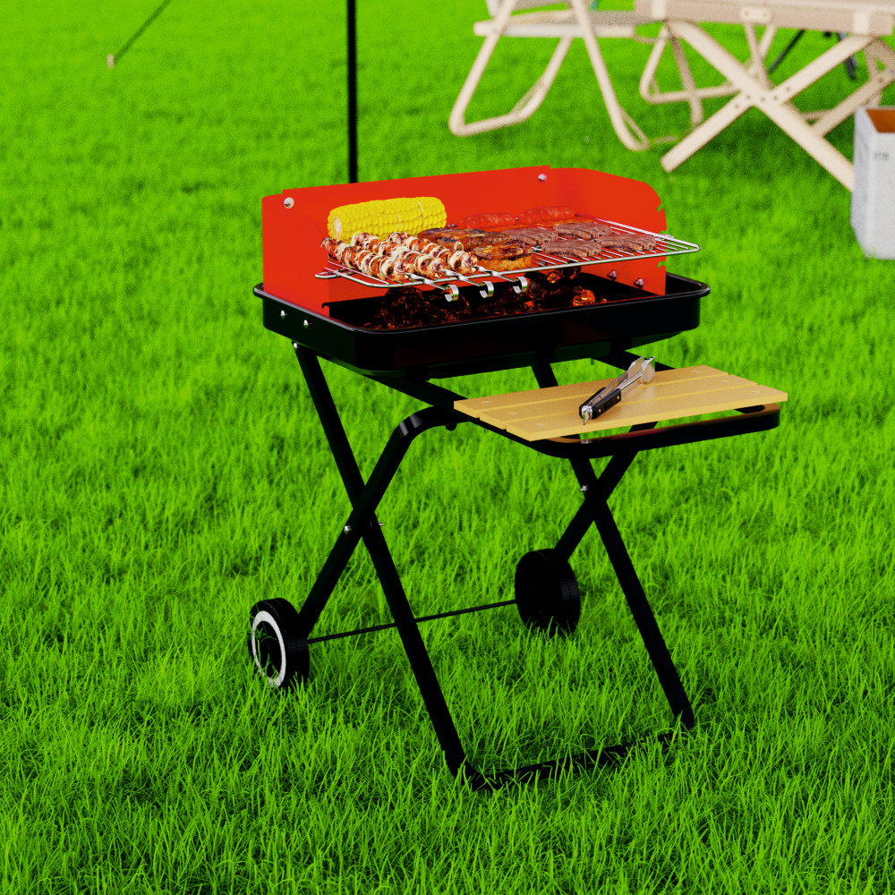 Gratar pe carbuni KLUGMEISTER KY28020F, material otel, cu roti deplasare, gratar detasabil, raft frontal, suprafata gatire 53x35 cm
