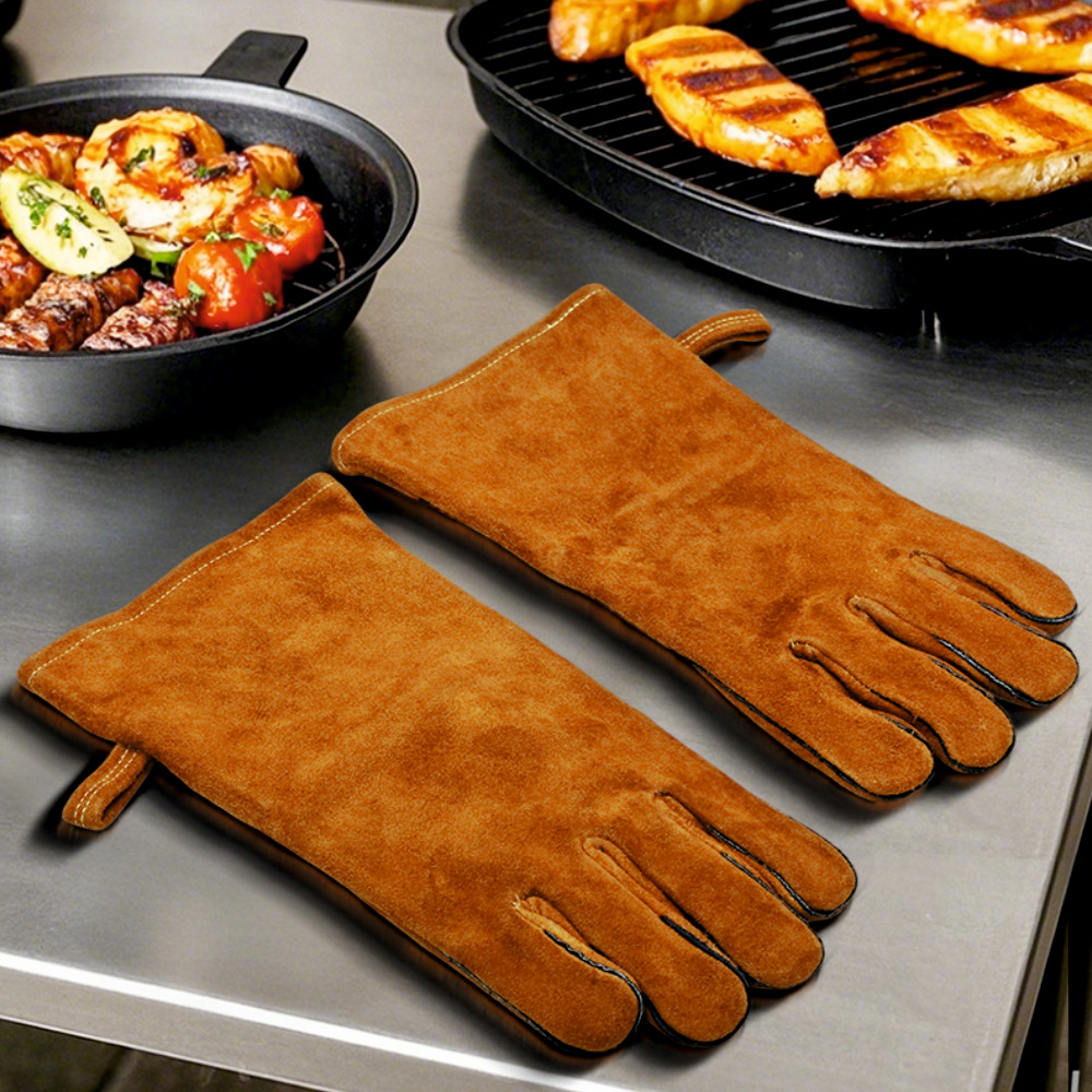 Set manusi protectie pentru gratar KLUGMEISTER KY360180AST, material piele, culoare maro