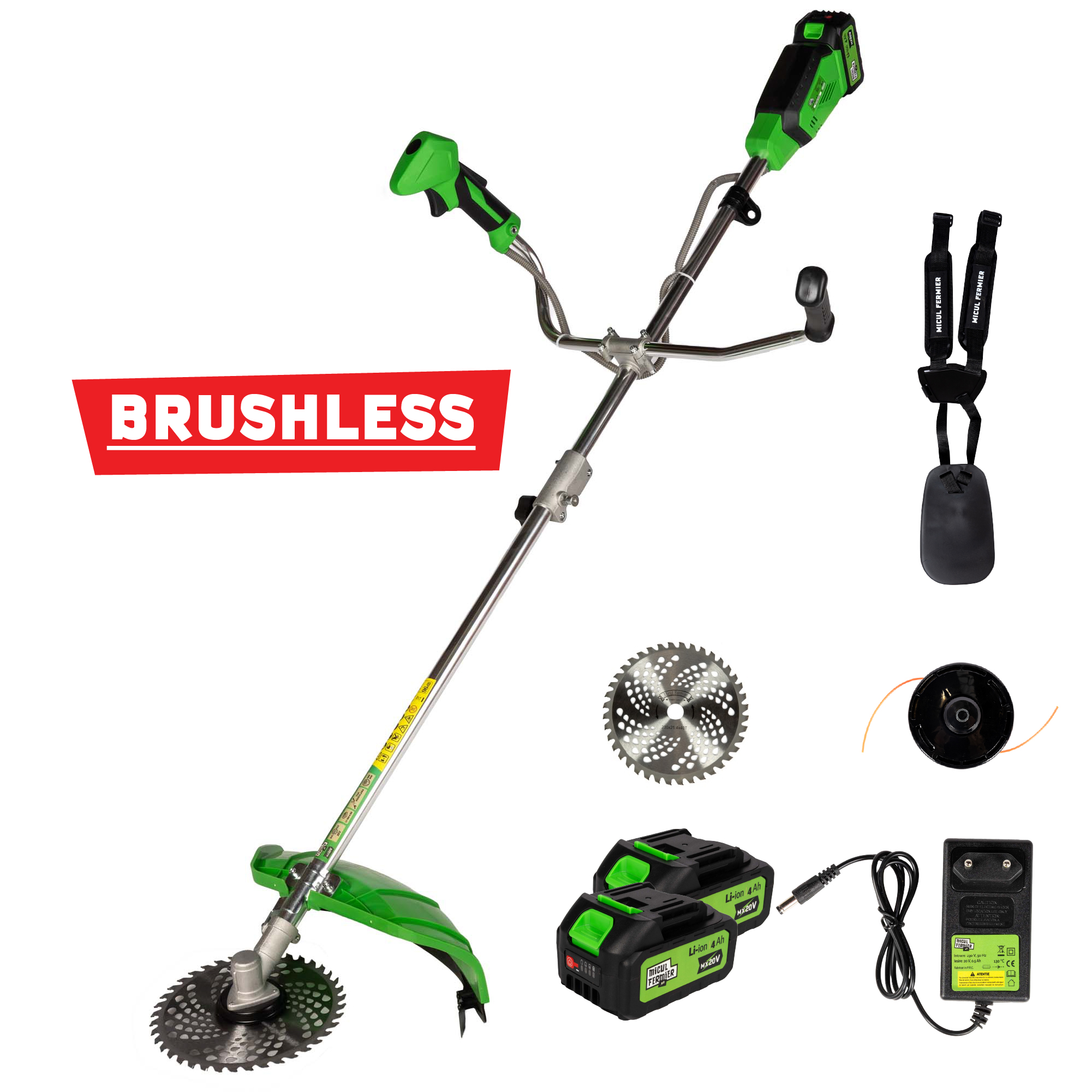 Motocoasa / Trimmer electrica Micul Fermier MF-MX1012-G01, 20 V, 2 acumulatori 4 Ah, maner dublu, motor fara perii