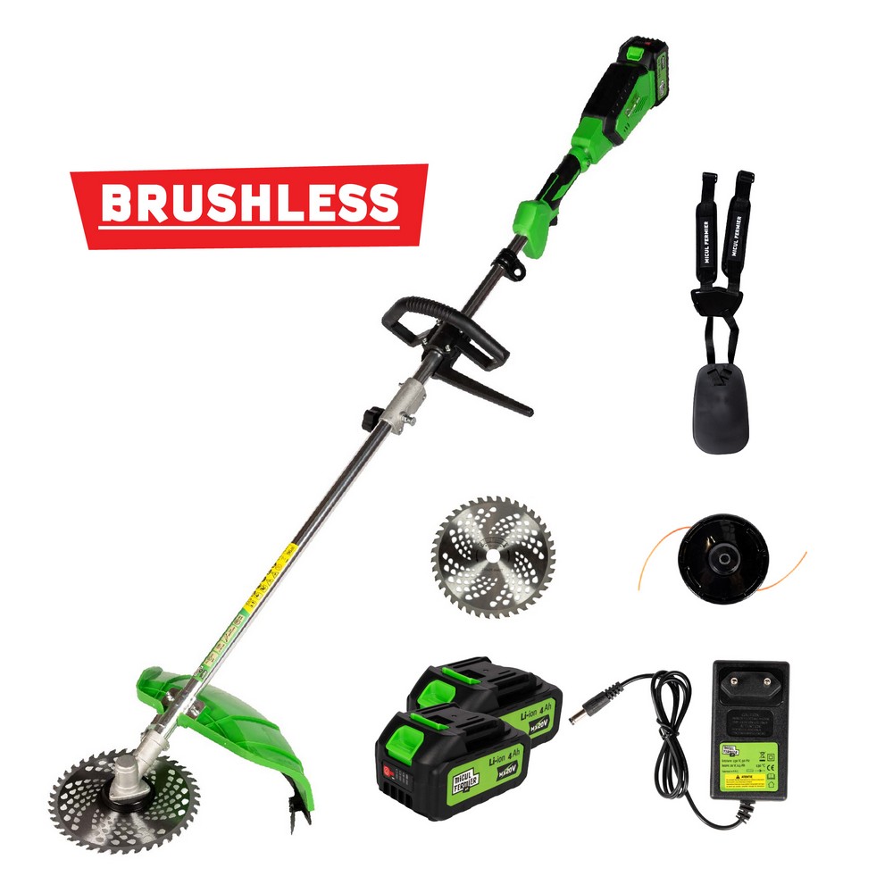 Motocoasa / Trimmer electric Micul Fermier MF-MX1010-G01, 20 V, 2 acumulatori 4 Ah, maner simplu, motor fara perii, tija modulara 1335 mm, motor fara perii