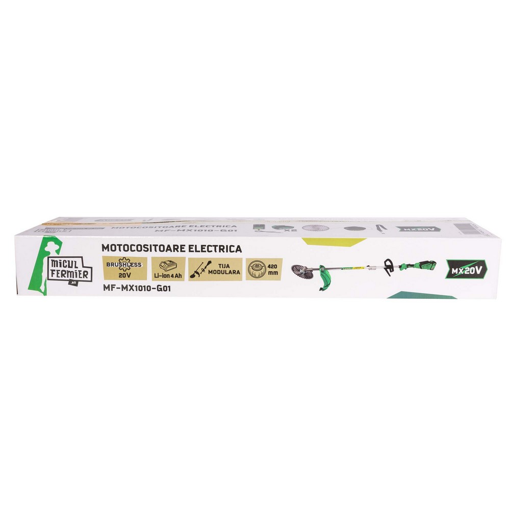 Motocoasa / Trimmer electric Micul Fermier MF-MX1010-G01, 20 V, 2 acumulatori 4 Ah, maner simplu, motor fara perii, tija modulara 1335 mm, motor fara perii