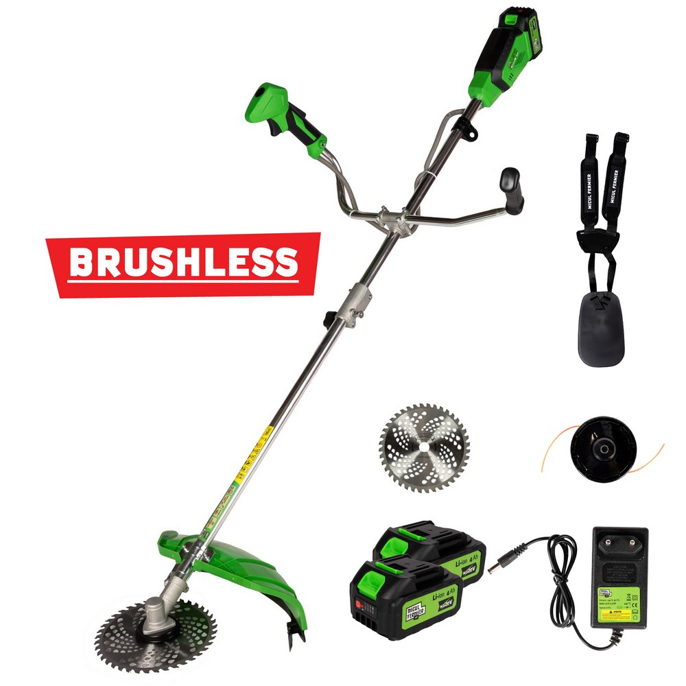 Motocoasa / Trimmer electric Micul Fermier MF-MX1011-G01, 20 V, 2 acumulatori 4 Ah, maner dublu, motor fara perii, tija modulara 1335 mm, motor fara perii
