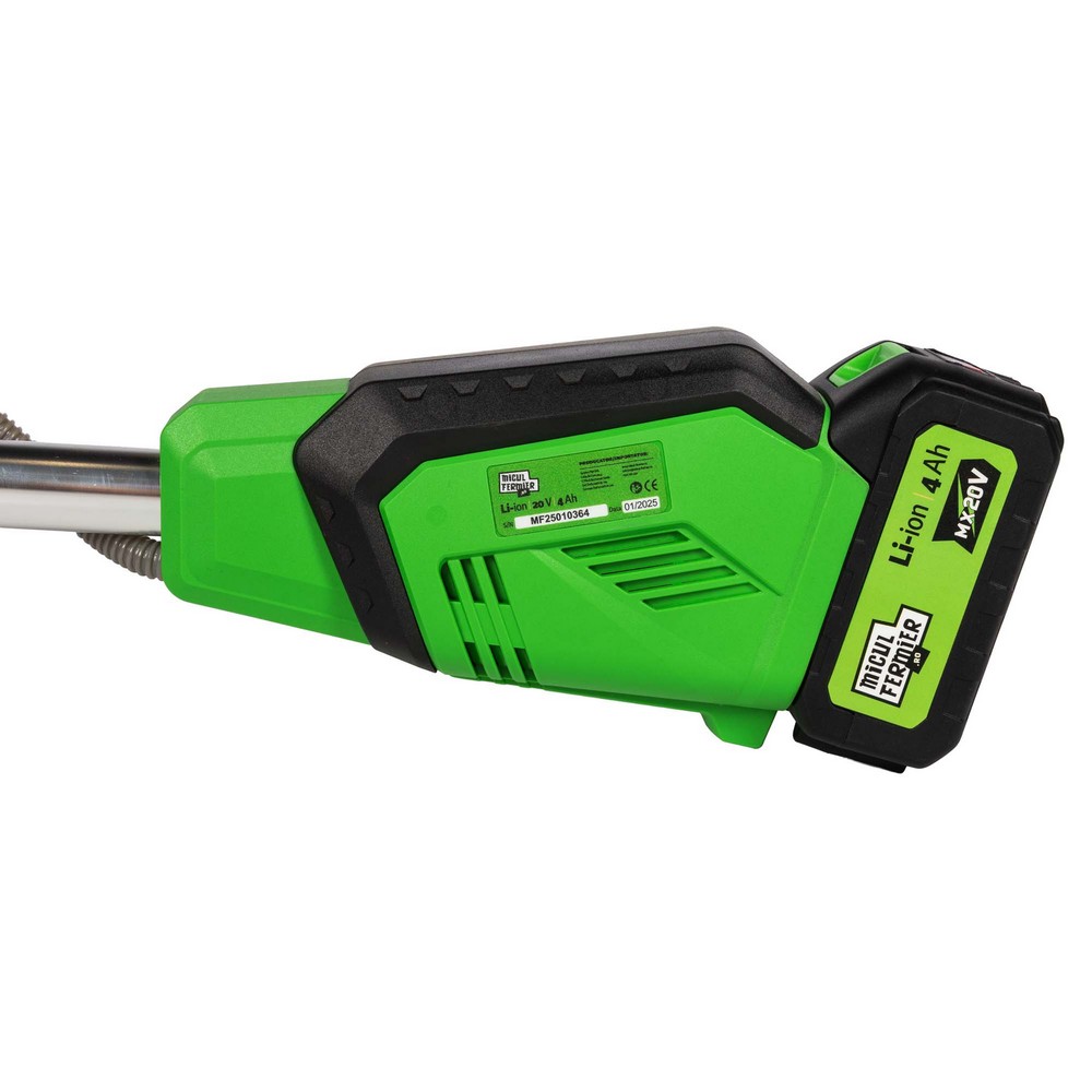 Motocoasa / Trimmer electric Micul Fermier MF-MX1011-G01, 20 V, 2 acumulatori 4 Ah, maner dublu, motor fara perii, tija modulara 1335 mm, motor fara perii