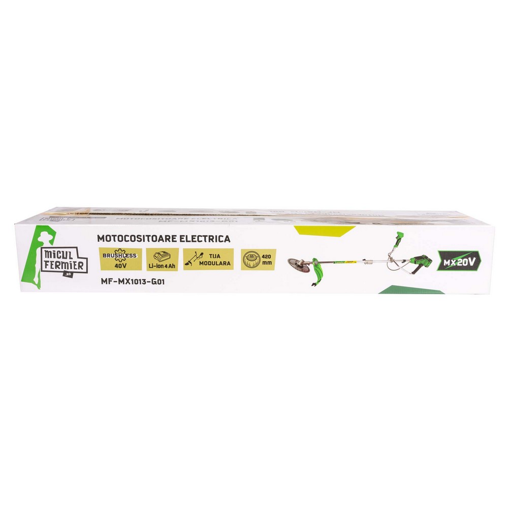 Motocoasa / Trimmer electric Micul Fermier MF-MX1013-G01, 2 x 20 V, 2 acumulatori 4 Ah, maner dublu, tija modulara 1335 mm, motor fara perii