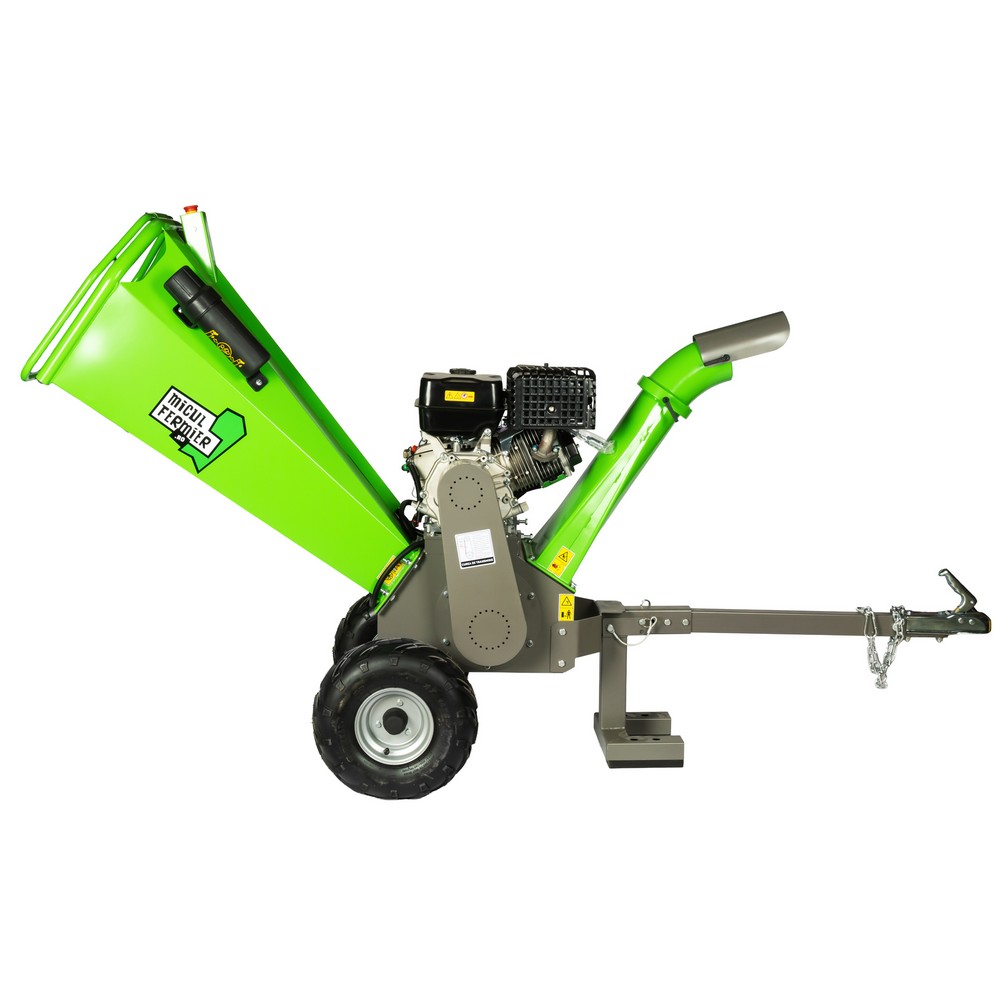Tocator de crengi Micul Fermier MF-MO1009-S001-G01, motor benzina 15 CP, cu carlig de remorcare, 120 mm diametru maxim de taiere, pentru rumegus