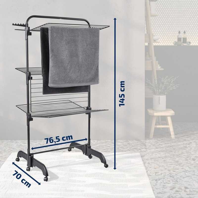 Uscator rufe Leifheit Comfort Tower 420 Black 81691, inaltime 1.45 m, 76.5 x 70 cm, pliabil, cu roti multidirectionale