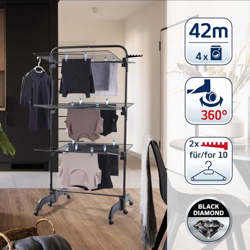 Uscator rufe Leifheit Comfort Tower 420 Black 81691, inaltime 1.45 m, 76.5 x 70 cm, pliabil, cu roti multidirectionale