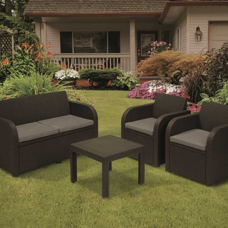 Set mobilier de gradina Keter Georgia 258815, polipropilena, imitatie ratan, maro, pentru foisor sau terasa, cu masuta patrata, 4 locuri, 2 fotolii, 1 canapea