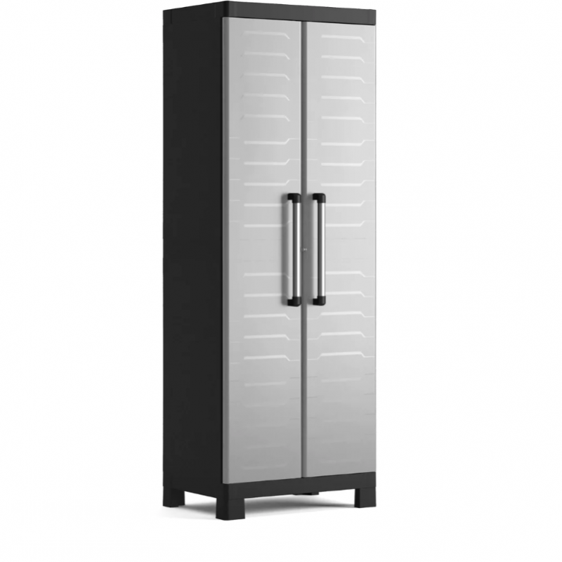 Dulap terasa Keter Detroit 96361000, polipropilena, negru / gri, 4 rafturi, 65 x 45 x 182 cm, posibilitate inchidere cu lacat, manere usi din aluminiu