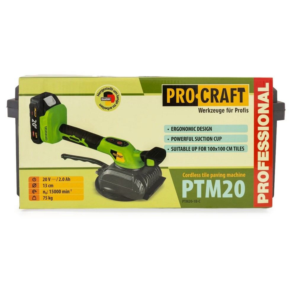 Ventuza pentru gresie pe acumulator PROCRAFT 16036, 1 acumulator 20 V / 2 Ah, 15000 vibratii / min