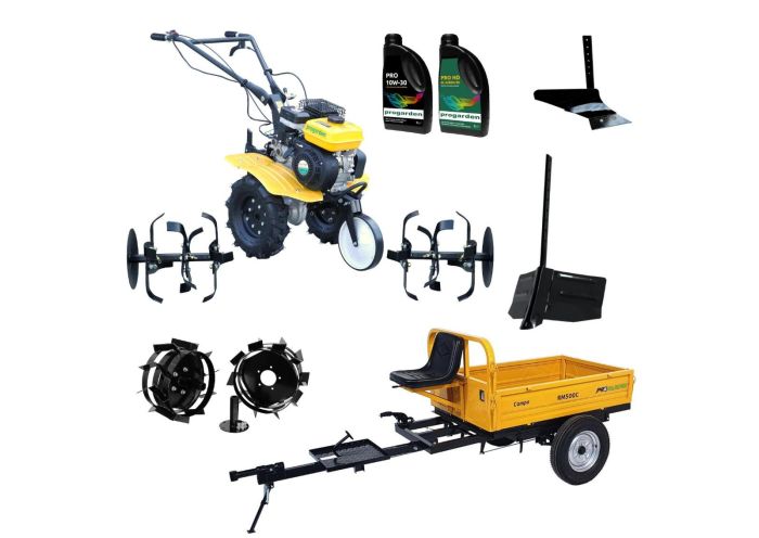 Pachet motocultor ProGARDEN PAC703D, 7 CP, cu remorca RM500C, plug simplu plus plug bilonat / rarita, 2 roti metalice 350 x 6, 2 L ulei