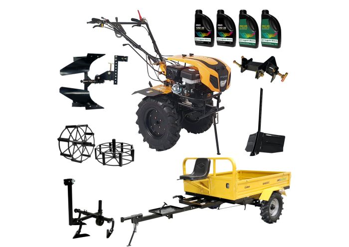 Pachet motocultor ProGARDEN PAC1844C, 18 CP, remorca RM600C, plug bilonat plus plug reversibil, prasitoare, adaptor, 2 roti metalice 540 x 170, 4 L ulei
