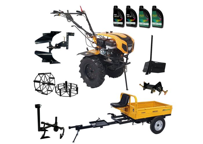 Pachet motocultor ProGARDEN PAC1844D, 18 CP, remorca RM500C, plug bilonat plus plug reversibil, prasitoare, adaptor, 2 roti metalice 540 x 170, 4 L ulei