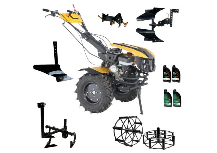 Pachet motocultor ProGARDEN PAC1873B, 18 CP, plug bilonat, plug reversibil, prasitoare, adaptor, 2 roti metalice 540 x 170, 4 L ulei