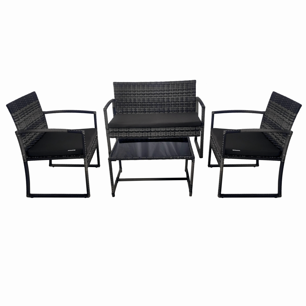 Set mobilier terasa/gradina tip ratan KLUGMEISTER KJF4965, canapea + doua fotolii + masuta din sticla securizata, culoare gri