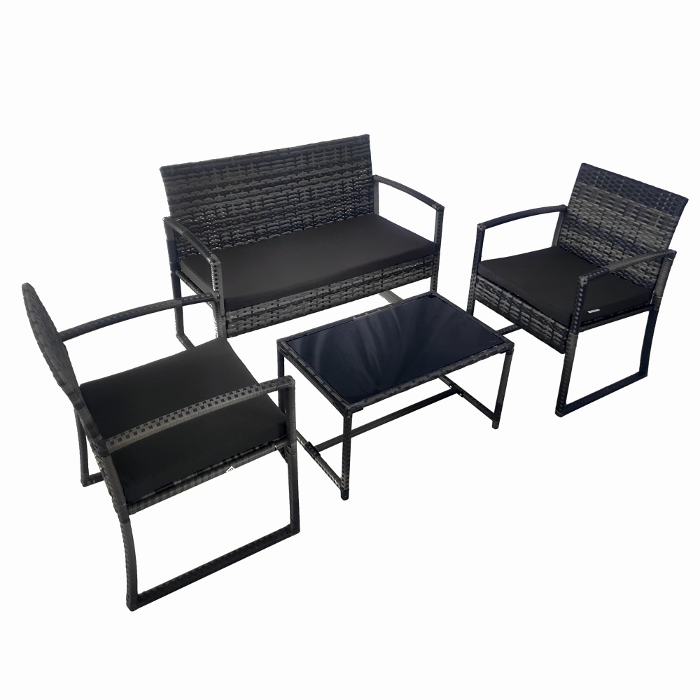 Set mobilier terasa/gradina tip ratan KLUGMEISTER KJF4965, canapea + doua fotolii + masuta din sticla securizata, culoare gri