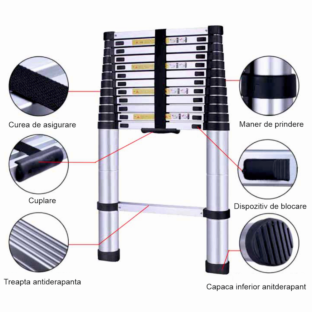 Scara telescopica din aluminiu MESTERINO TOOLS JL-101-3.8, 13 trepte, 3.8 metri, greutate maxima 150 kg