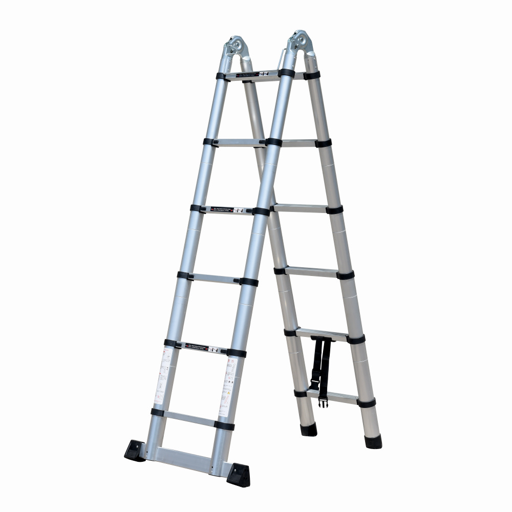 Scara telescopica din aluminiu cu balama MESTERINO TOOLS JL-102-2X1.9, 1.9+1.9 metri, 2x6 trepte, greutate maxima 150 kg