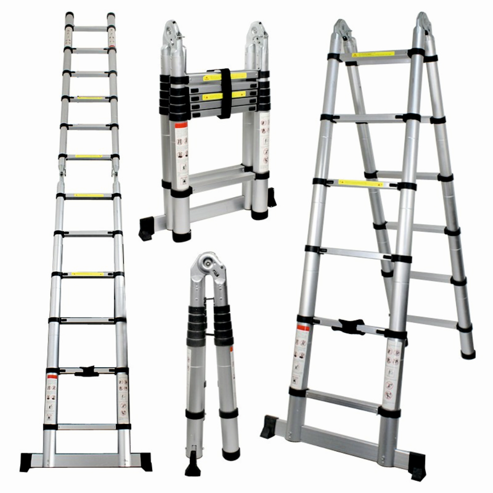 Scara telescopica din aluminiu cu balama MESTERINO TOOLS JL-102-2X1.9, 1.9+1.9 metri, 2x6 trepte, greutate maxima 150 kg
