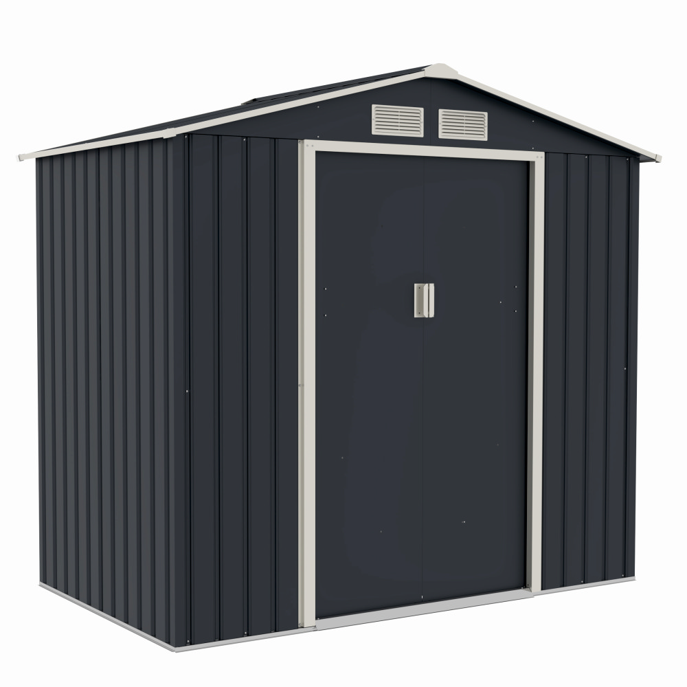 Casuta / magazie de gradina premium metalica MESTERINO Archer-A, Gri/Bej, dimensiuni 213x131x195 cm, cu usi culisante si baza metalica